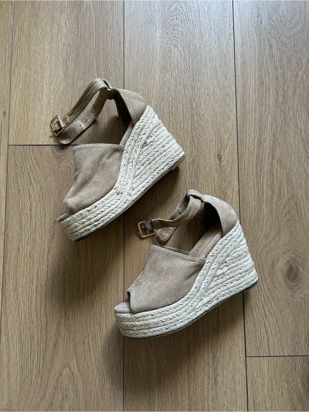 Neutral Suede Espadrille Wedge Sandals with Ankle Strap